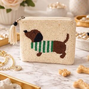 Beaded Cream Dachshund Coin Purse with Green Stripe Sweater